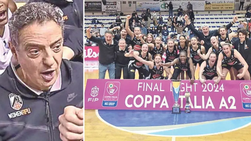 Coach Massimo Riga, a destra mentre festeggia con la Delser la Coppa Italia 2023-2024