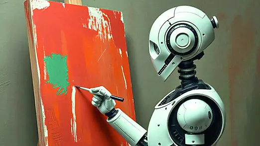 Un robot mentre dipinge: un’immagine realizzata con l’Ai
