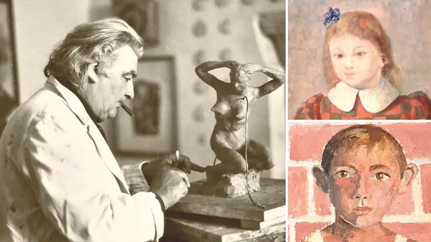 Lo scultore friulano Ado Furlan all’opera; a destra due sue opere esposte alla mostra
