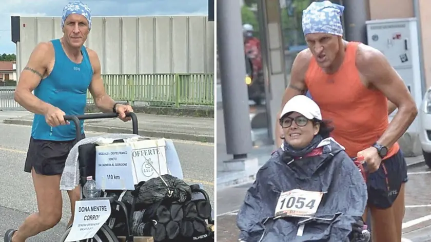 A sinistra, una delle iniziative benefiche di Michele Roveredo, a destra alla Maratona del sorriso con Eleonora Carlon