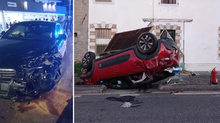 L'auto coinvolta nell'incidente a Palazzolo dello Stella e, a destra, il veicolo ribaltato a Mereto di Tomba