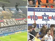 Lo striscione dei tifosi del Psg in una gara di Champions League, a destra una bandiera pro-Israele del Tottenham