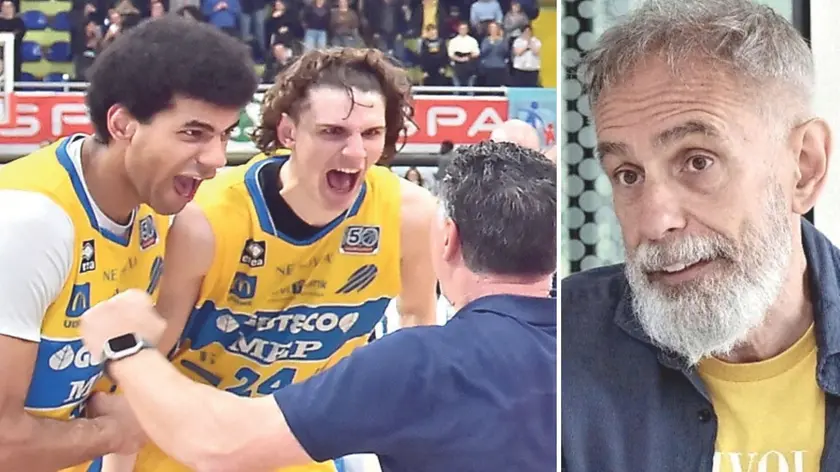 Ferrari e Marangon della Gesteco e coach Marco Crespi, responsabile dell’Academy dell'Aquila Trento