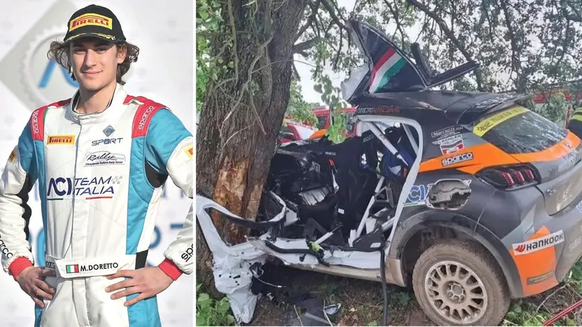 Il 21enne Matteo Doretto e, a destra, quel che resta della Peugeot 208 Rally4 dopo lo schianto contro l'albero