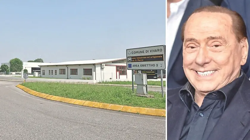 La zona industriale di Vivaro (foto Vaccher/Petrussi) e, a destra, Silvio Berlusconi