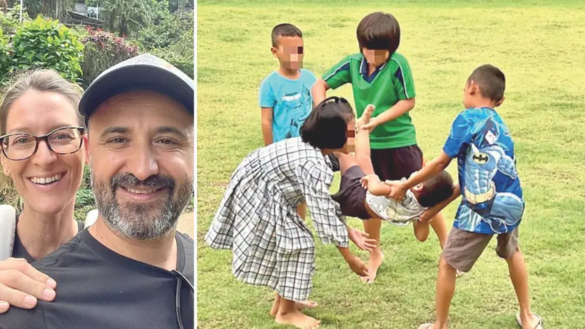 Tommaso Origo e Laura Zanussi, a destra alcuni bambini aiutati dalla coppia