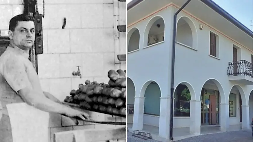 Antonio “Toni” Venturini, il capostipite, nel 1935. A destra il forno in via Duomo a Cordovado