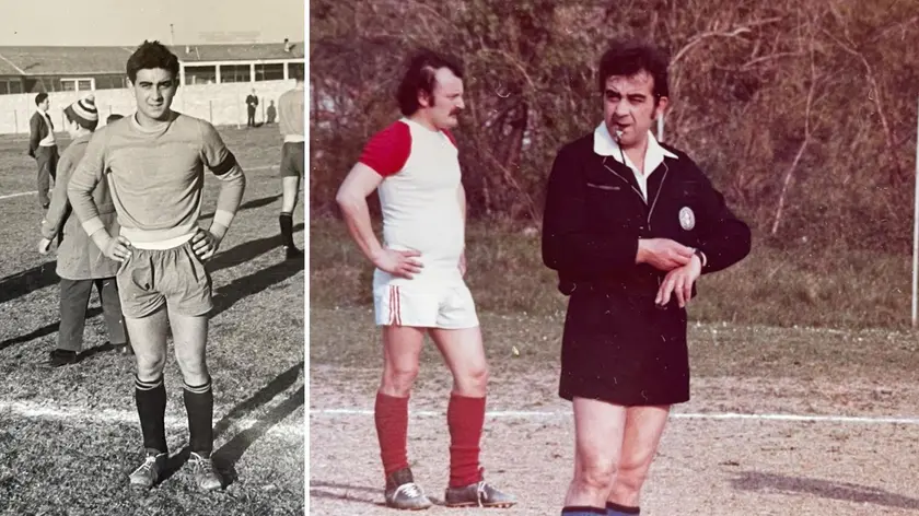 Due foto di Ennio Segatti, da calciatore e da arbitro