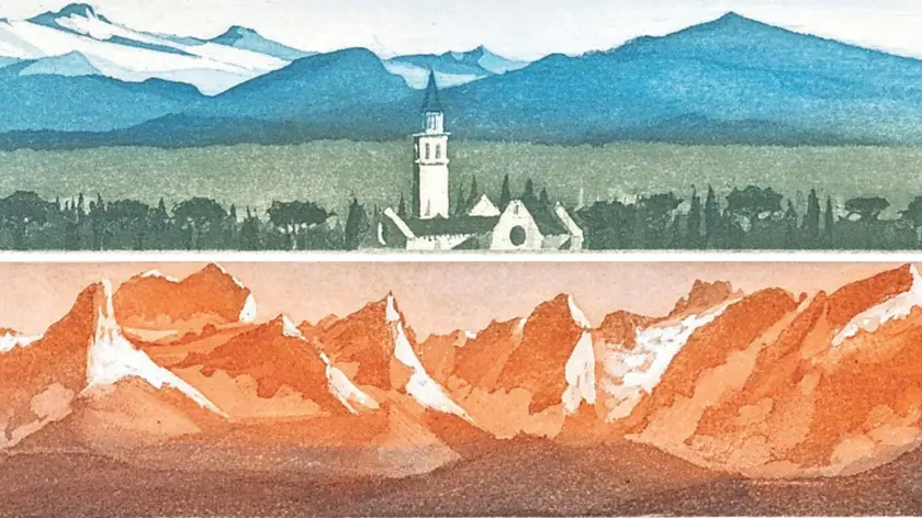 Mattino da Aquileia con Alpi Giulie e, sotto, Alpi Giulie orientali da Pod Golico di Mario Micossi