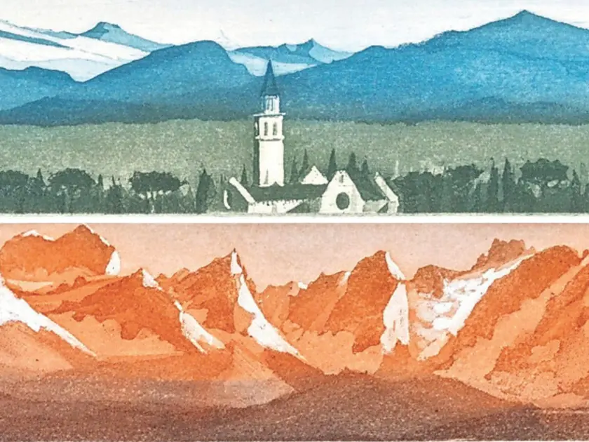 Mattino da Aquileia con Alpi Giulie e, sotto, Alpi Giulie orientali da Pod Golico di Mario Micossi