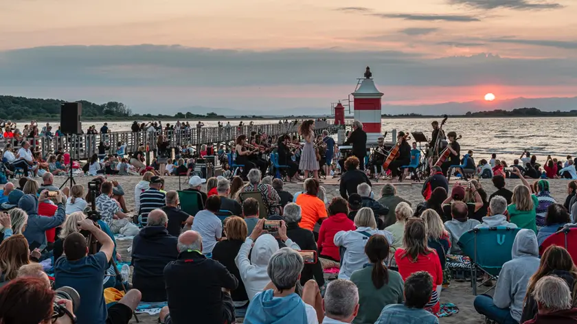 In centinaia in spiaggia a Lignano per il concerto del solstizio d'estate (foto Petrussi)