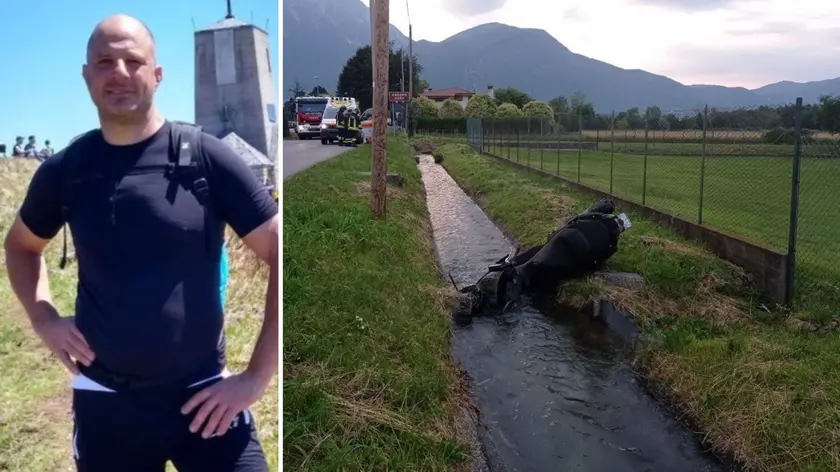 Leandro Zanussi, 51 anni residente a Trasaghis e, a destra, lo scooter nel canale