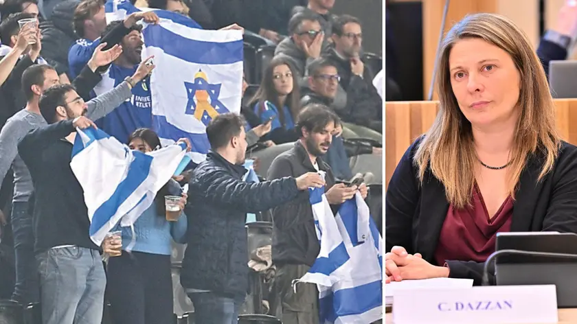 Tifosi israeliani allo stadio Friuli lo scorso ottobre e, a destra, l'assessore Chiara Dazzan
