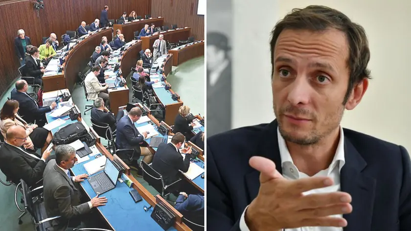 La mozione sarà discussa in aula tra sette giorni, a destra il governatore Massimiliano Fedriga