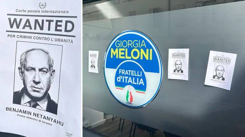 La sede di FdI in via Grazzano a Udine tappezzata di volantini contro Netanyahu
