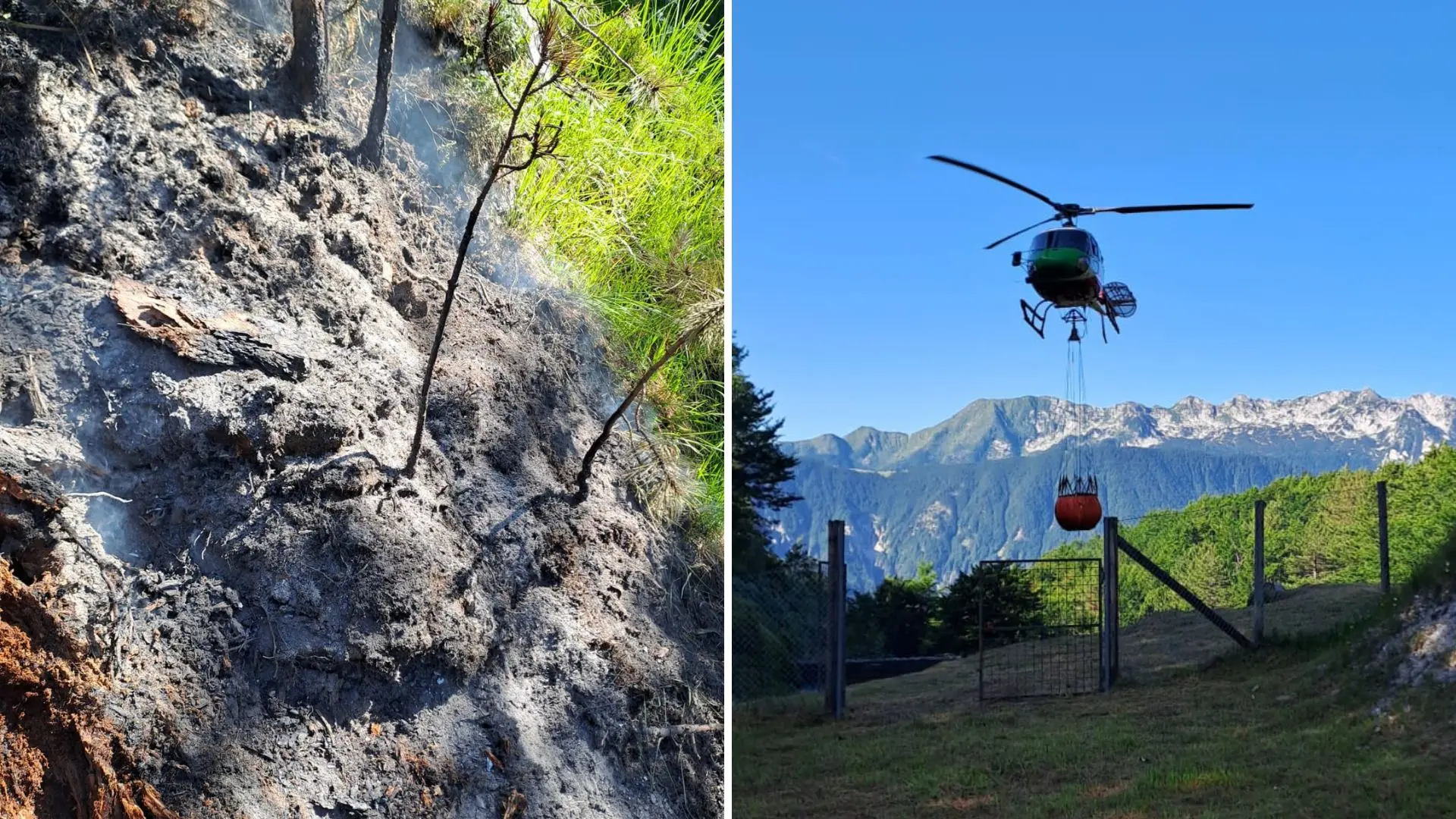 L'incendio di Resia provocato da un fulmine e le operazioni di messa in sicurezza con l’elicottero