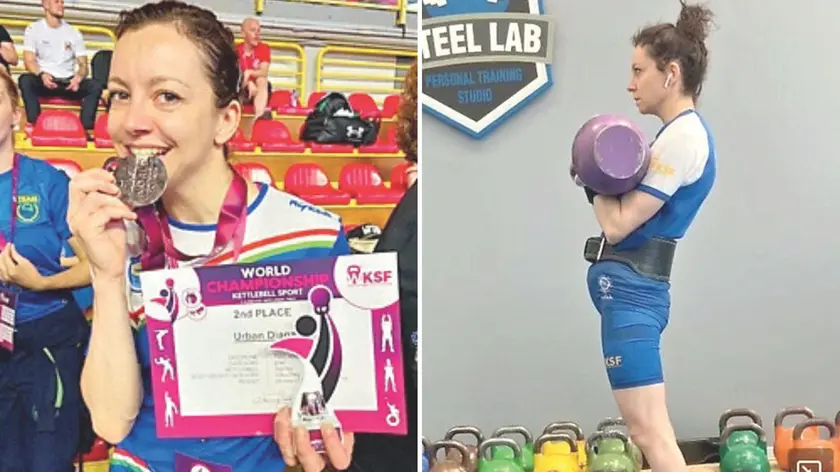 A sinistra, Diana con la medaglia d’argento, a destra, durante un allenamento di Kettlebell lifting