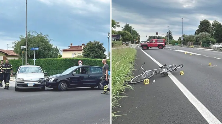 Lo scontro tra due auto e la bicicletta condotta da un 80enne investita da uno scooter