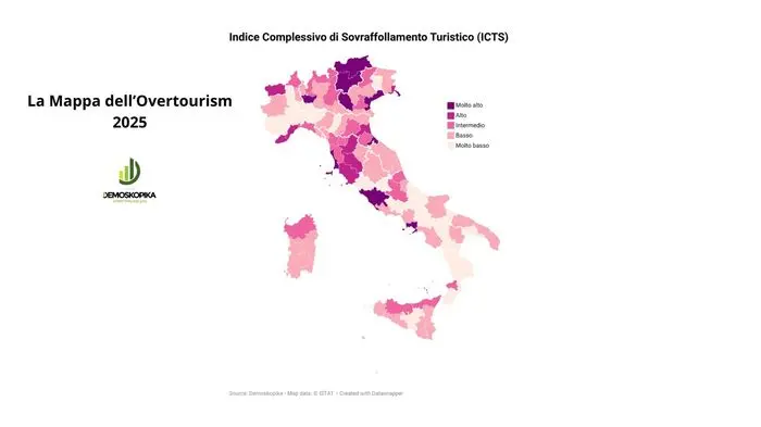La mappa dell'indice di sovraffollamento turistico in Italia