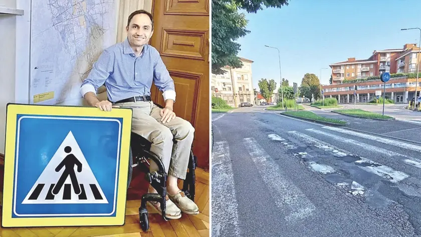 Da sinistra, l’assessore Marchiol con uno dei cartelli e le strisce da rifare in via Leonardo da Vinci / foto petrussi