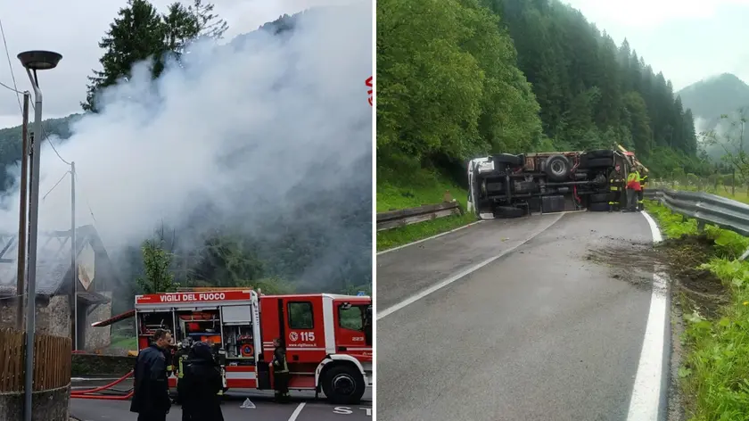 A sinistra le fiamme nello stavolo e, a destra, il camion dei pompieri ribaltato