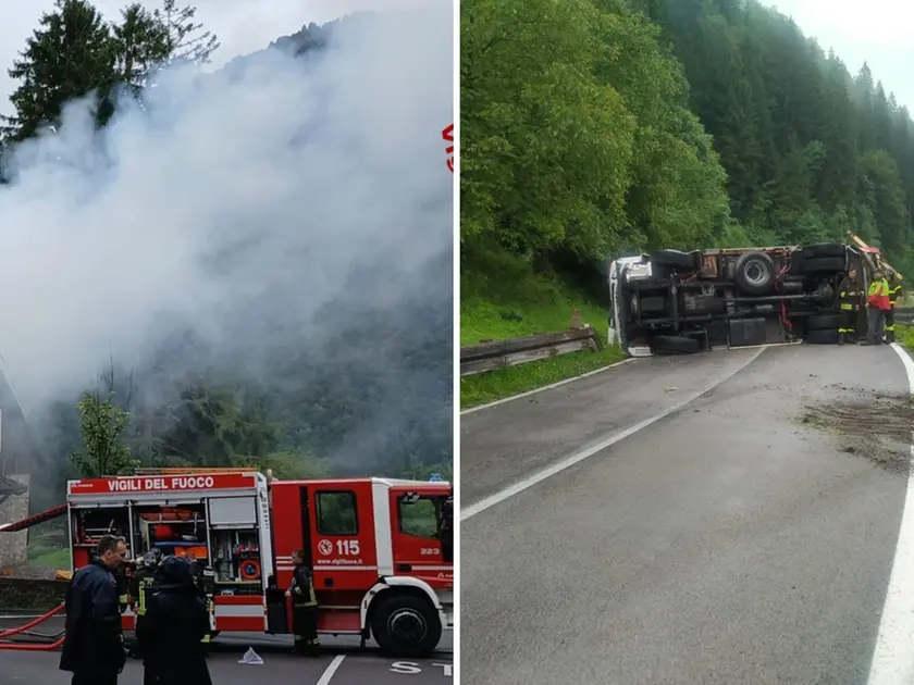 A sinistra le fiamme nello stavolo e, a destra, il camion dei pompieri ribaltato
