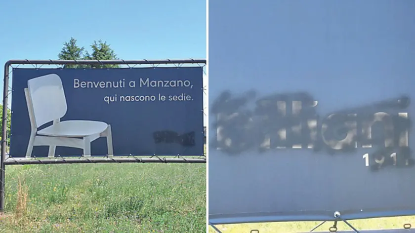 Il cartellone affisso dalla ditta Billiani lungo la strada regionale 56 arrivando da Udine e il logo dell’azienda cancellato dalla vernice