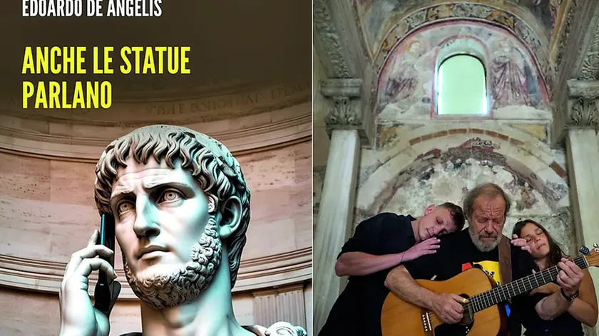 La copertina del libro e, a destra, Edoardo De Angelis con i due attori