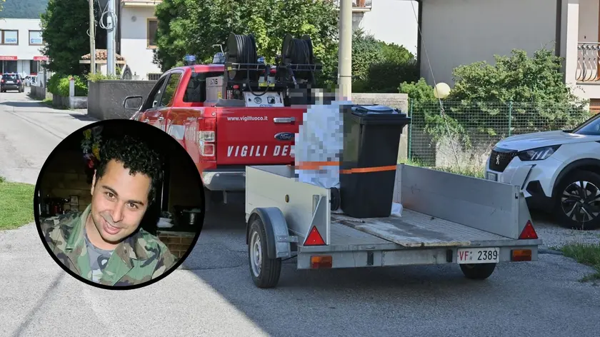 Il bidone ritrovato nel garage dell’abitazione con i resti della vittima, portato via dai vigili del fuoco. Nel tondo, Alessandro Venier