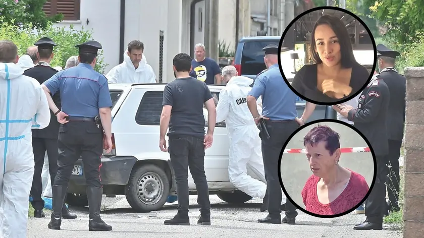 Gli inquirenti mentre spostano la Panda bianca di Alessandro Venier, perché l’auto si trovava davanti al cassonetto nel quale c’erano i resti dell’uomo (Foto petrussi). Nei tondi, in alto Maylin Castro Monsalvo, compagna di Venier; in basso, Lorena Venier, madre della vittima