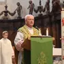Sopra il parroco di Gemona, monsignor Valentino Costante, durante l’omelia, sotto alcuni dei fedeli presenti domenica alla funzione (foto petrussi)
