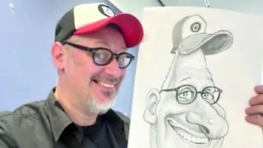 Il direttore artistico Federico Cecchin e la sua caricatura