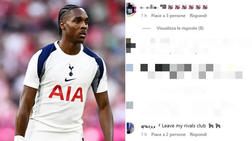 A sinistra Mathys Tel, a destra alcuni dei commenti razzisti apparsi sul suo profilo Instagram
