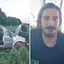 L’auto finita nel campo che costeggia l’autostrada A23, in direzione Udine, a destra Giulio Bortolussi