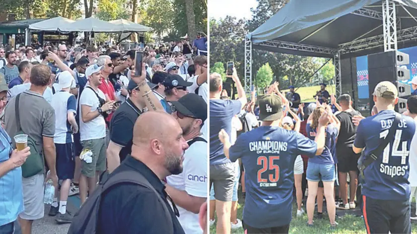 La Fan zone del Tottenham a sinistra, a destra quella del Paris Saint Germain