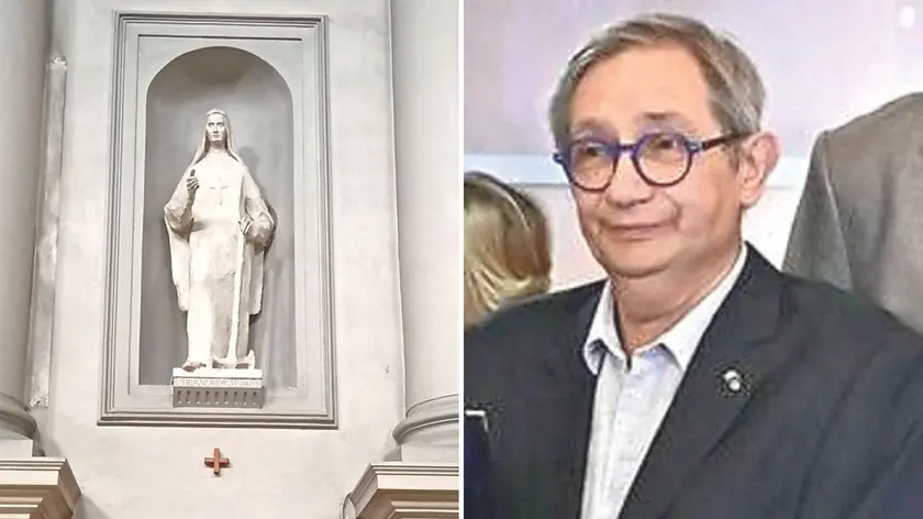 La statua di santa Francesca Cabrini nel duomo di Cordenons e Raffaele Cadamuro, presidente del Ciavedal