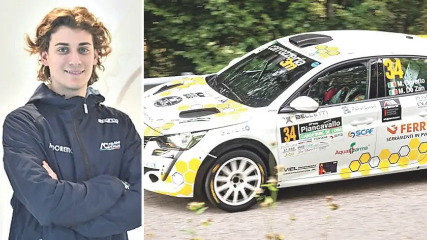 Un primo piano di Matteo Doretto, a destra la Peugeot 208 con cui corse il rally Piancavallo 2024