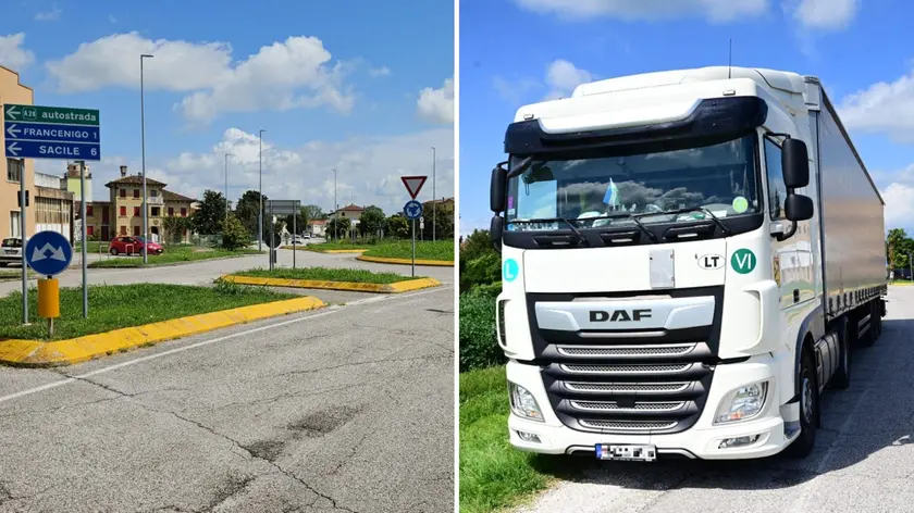 La rotatoria dove è avvenuto l'investimento e il camion coinvolto nell'incidente (foto Brisotto / Petrussi)