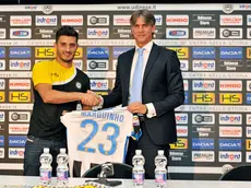Udine, 19 agosto 2015. Udinese calcio. Nella foto, la presentazione di Marco Antonio de Mattos Filho Marquinho da parte del direttore sportivo Cristiano Giaretta. 2015 - 2016.