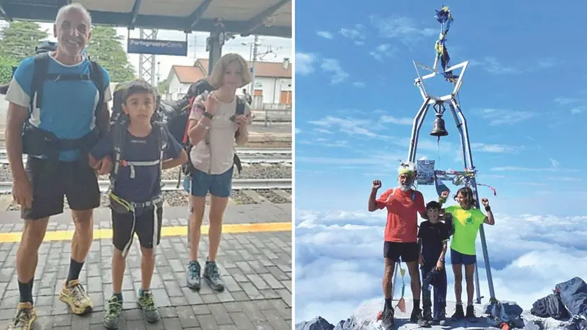 Renato Scodeller con i figli: a destra sulla cima del monte Coglians