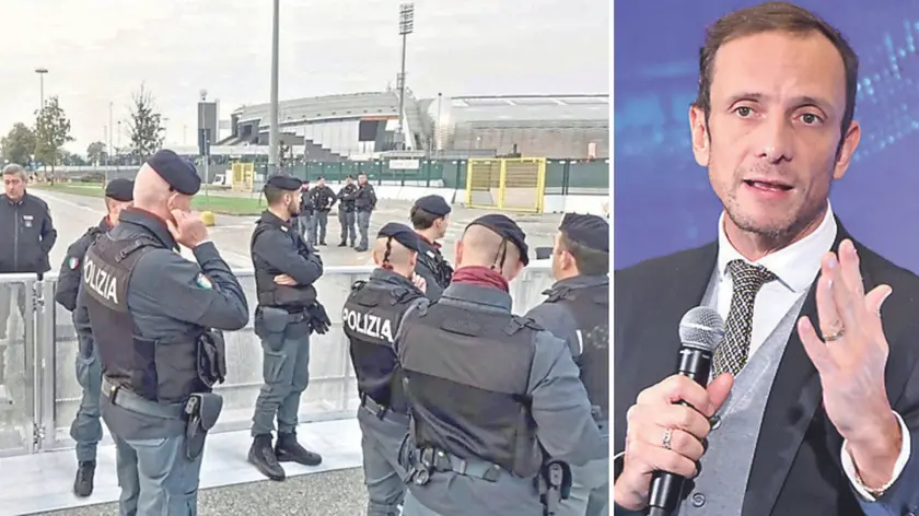 Forze dell’ordine allo stadio Friuli per Italia-Israele del 2024, a destra il governatore Massimiliano Fedriga