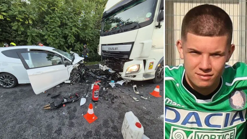 L'auto e il camion coinvolti nello schianto mortale e, a destra, Aldo Maklaj in maglia OL3