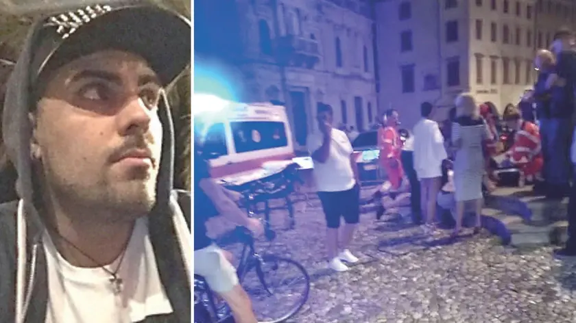 Gabriele Dusso, a destra l'intervento dei soccorritori in piazza San Giacomo a Udine