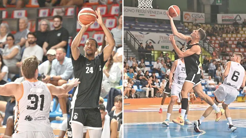Dawkins, tiro, tecnica ed elevazione, a destra Calzavara a canestro (foto Petrussi)