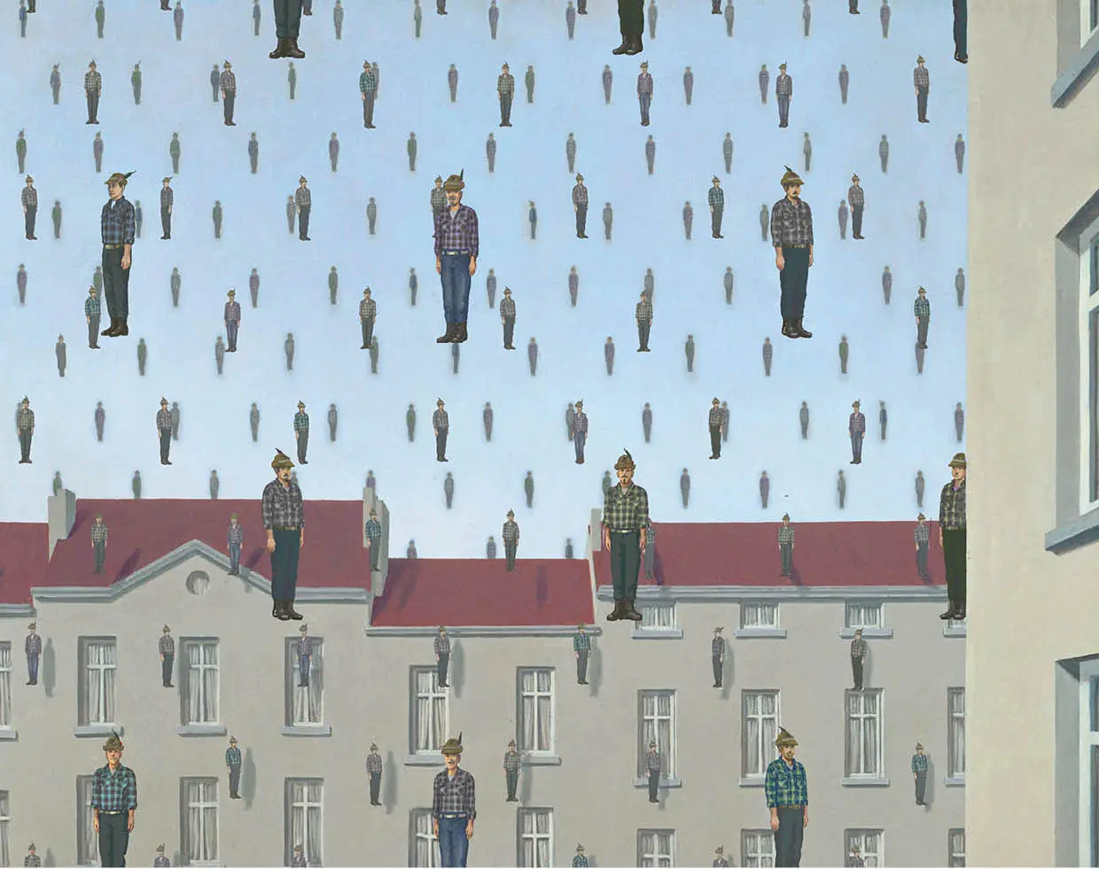 Un'adunata alpina ispirata alla pioggia di omini di Magritte