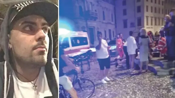 Gabriele Dusso, a destra l'intervento dei soccorritori in piazza San Giacomo a Udine