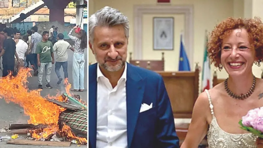 Le proteste in strada a Kathmandu, a destra gli sposi Sandro Orlando e Serena Di Blasio
