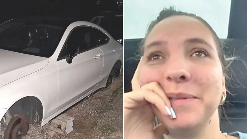 A sinistra l’auto parcheggiata in via Villa Glori da cui sono state rubate le ruote, a destra la docente Virginia d’Aponte nel video-denuncia sui social