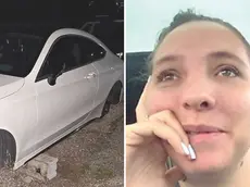 A sinistra l’auto parcheggiata in via Villa Glori da cui sono state rubate le ruote, a destra la docente Virginia d’Aponte nel video-denuncia sui social