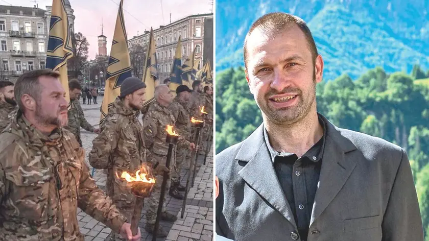 A destra David Di Gleria ha 48 anni, e, a sinistra, una manifestazione della Brigata Azov, inquadrata nell’esercito